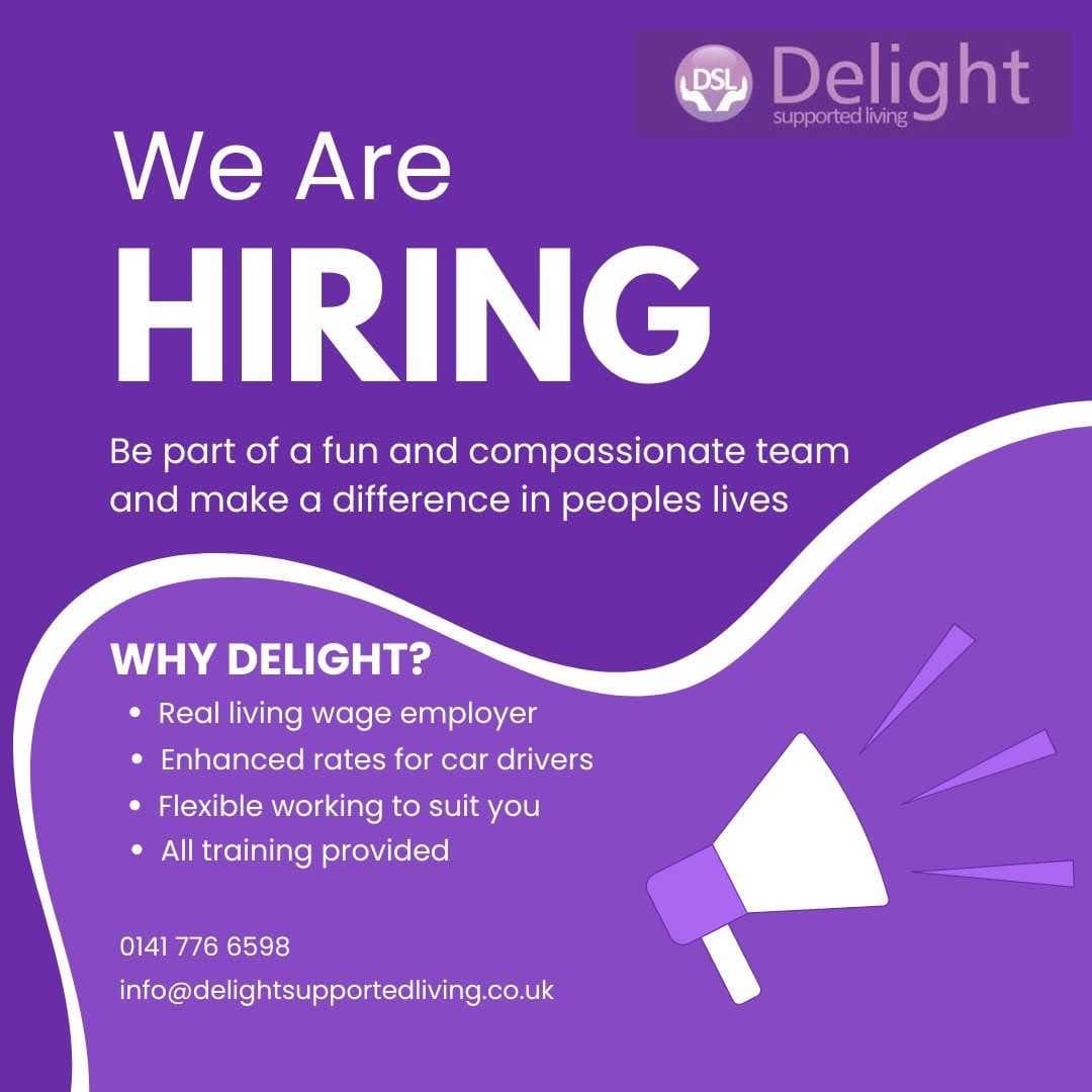 We are hiring. Be part of a fun and compassionate team and make a difference in people's lives. Why Delight? Real Living Wage employer, enhanced rates for car drivers, flexible working to suit you, all training provided.